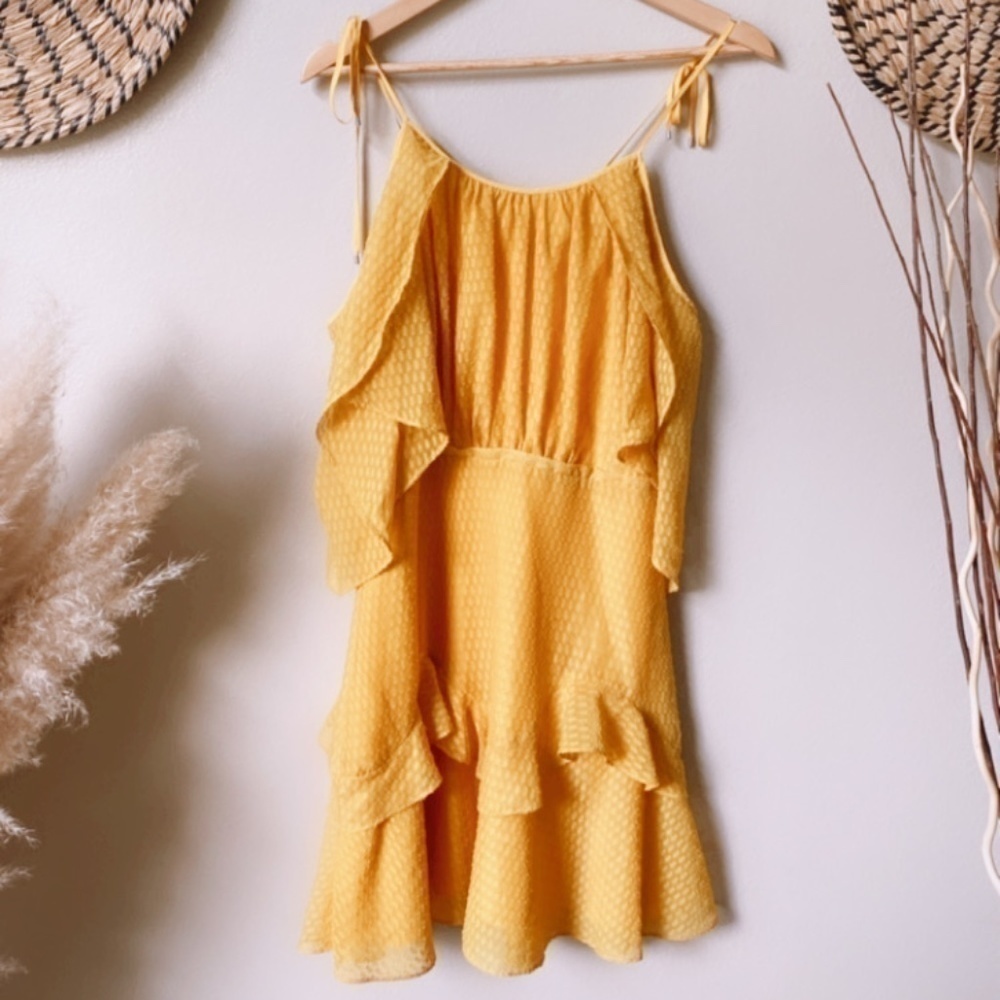 HALSTON Spring Yellow Ruffle Midi Dress Size 4 - Picture 4 of 4